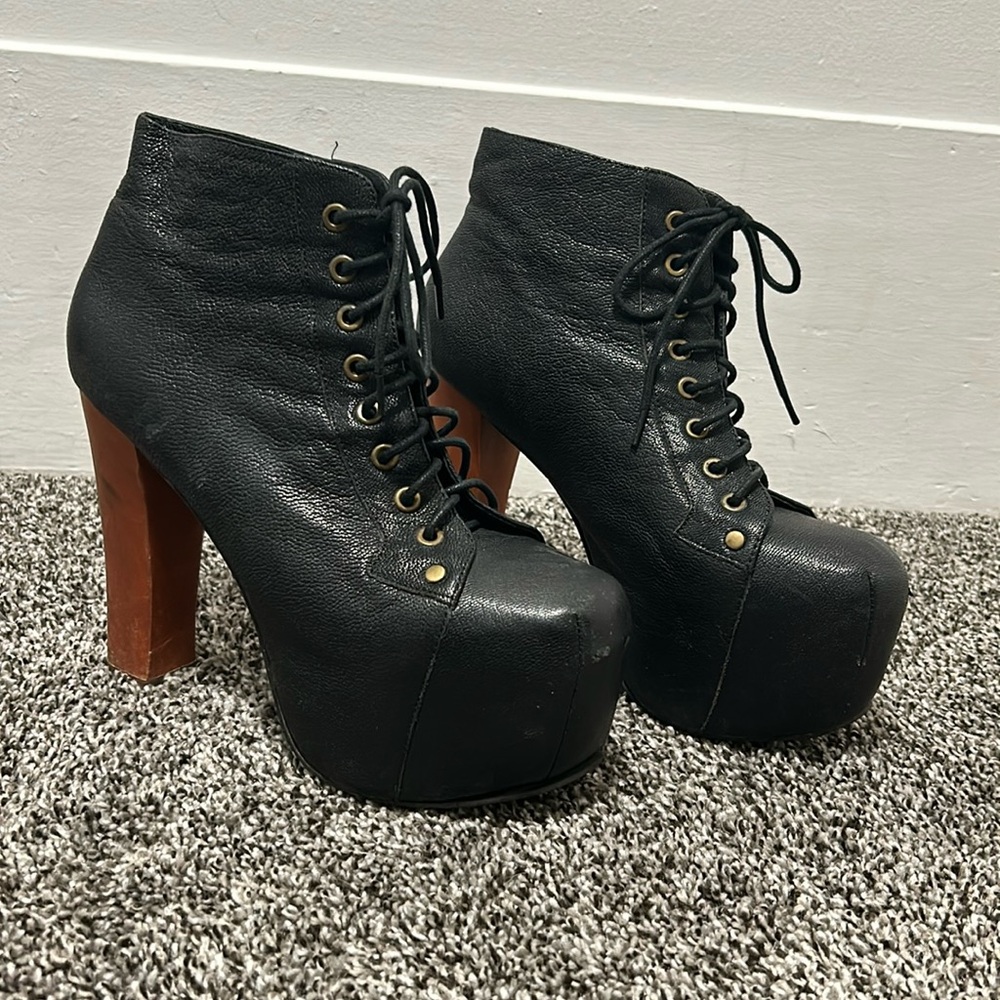 Jeffrey Campbell Black Leather Platform Ankle Boots Lita Boots